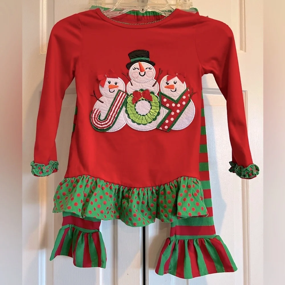 New🎄2 Pc Xmas Set - Red & Green Striped Pants & Red “JOY” Snowman Top